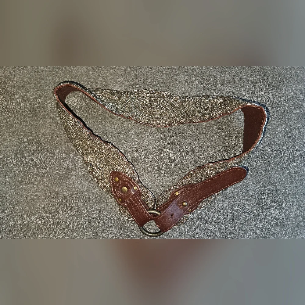 Jasper&Jeera for Anthropologie, Brown Leather Belt With Clear Beaded Design - Picture 1 of 4